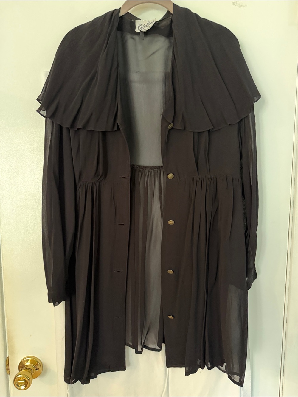 Vintage Sheer Black Button Down Black Blouse with Statement Collar/Size S